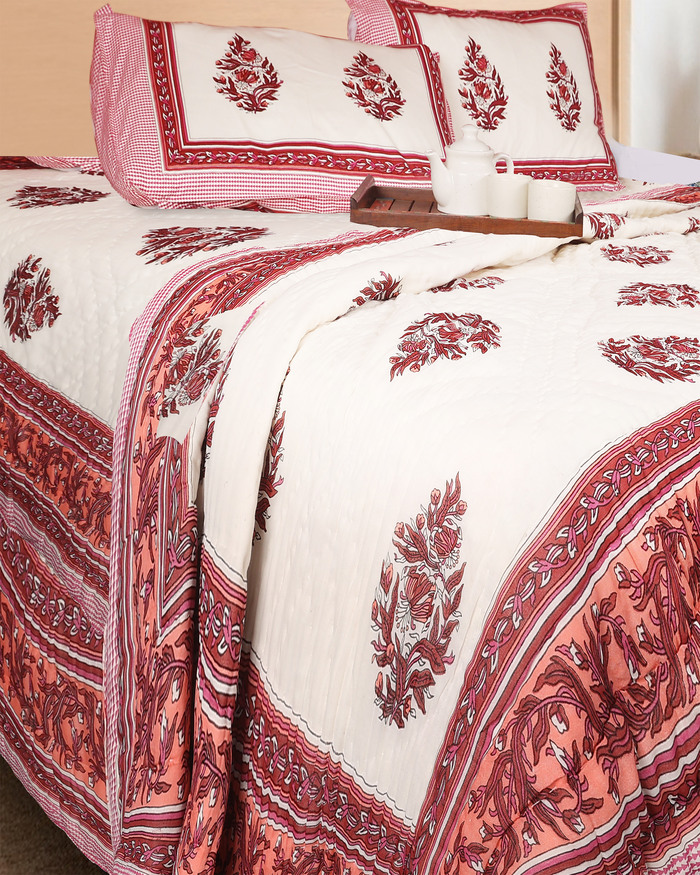 White Hand Block Printed Reversible Double Bed Hand Quilting Quilt Set